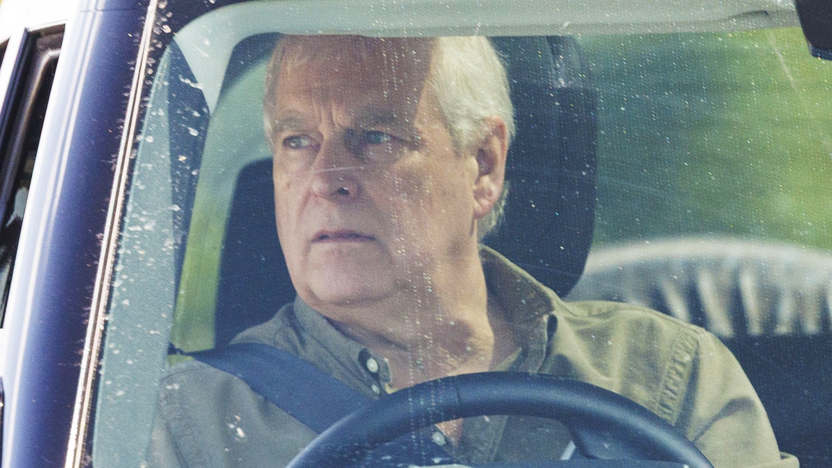 Een close-up van een bezorgde Prins Andrew in een groen button down overhemd die een auto bestuurt.