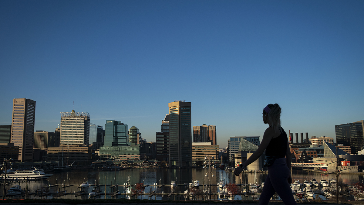Een voetganger loopt langs de skyline van de binnenstad van Baltimore in het Federal Hill park in Baltimore, Maryland, VS Fotograaf: Al Drago/Bloomberg via Getty Images