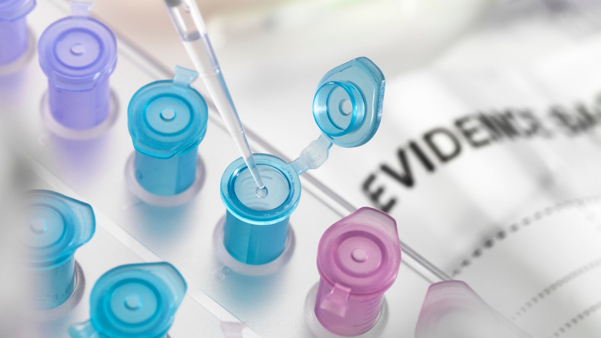 Een pipet druppelt DNA in een blauw flesje