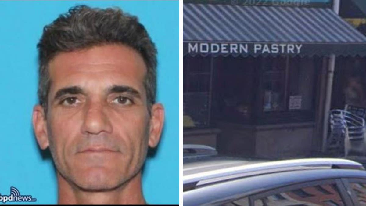 Een splitsing van Mendozas mugshot en de gevel van Modern Pastry