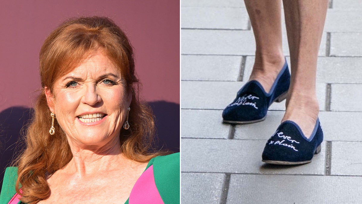 Een gedeelde zij-aan-zij foto van Sarah Ferguson die een groene en roze jurk draagt terwijl ze lacht en blauwe loafers draagt.