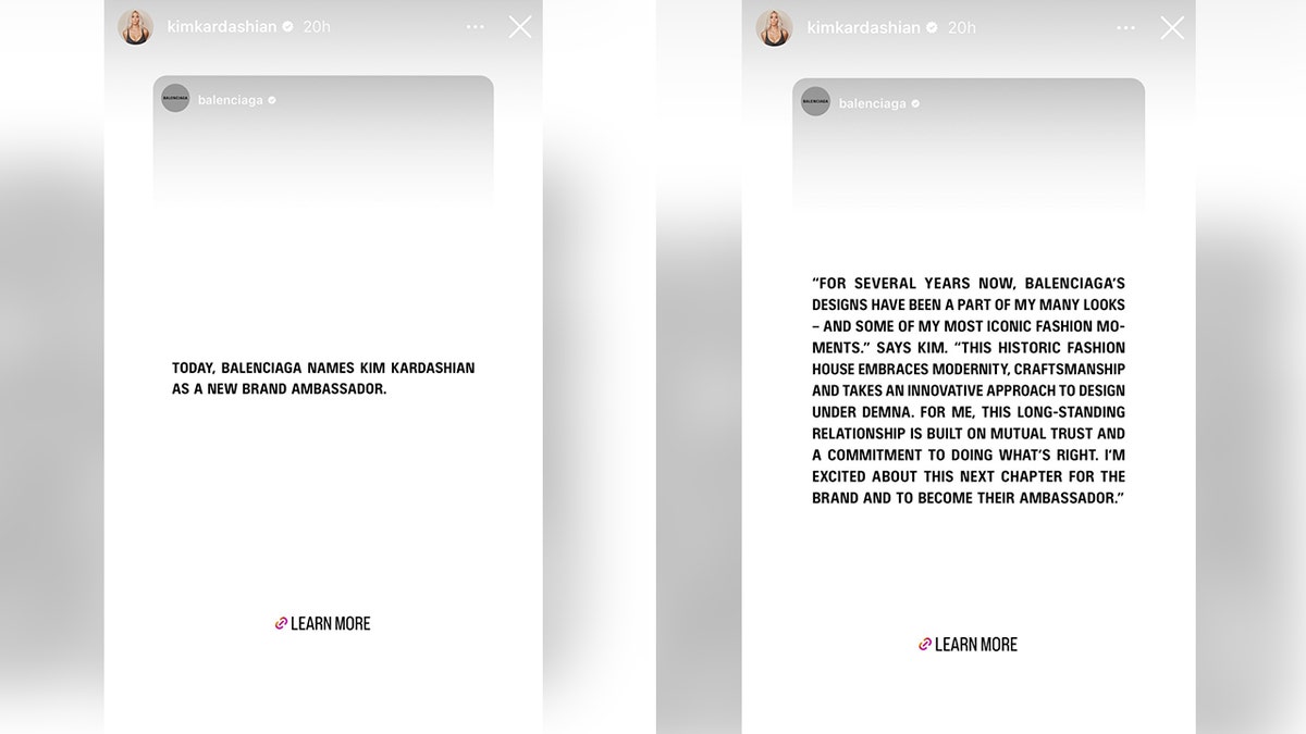 Splitscreen van de aankondiging van Balenciaga op Instagram, opnieuw gepost door Kim Kardashian die zegt dat ze hun nieuwe ambassadrice is en haar verklaring