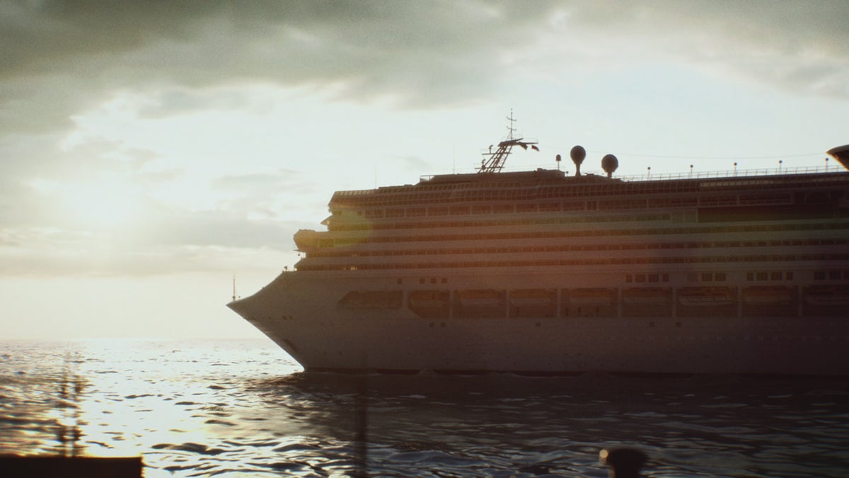 Een luchtfoto van een cruiseschip.