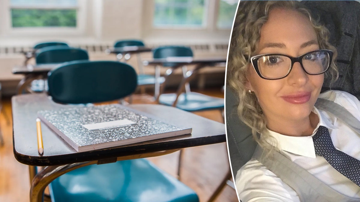 Leraar pleit schuldig aan seksueel misbruik van 15-jarige studente weken na bevalling: rapport Karly Rae in een gesplitst beeld met een leeg klaslokaal.