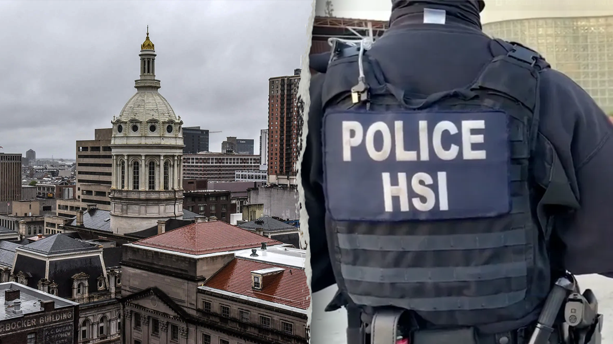 Links: De koepel van Baltimore City Hall is te zien tussen de skyline in Baltimore, Maryland, 12 mei 2019. Rechts: Agenten van HSI Los Angeles maken een arrestatie.