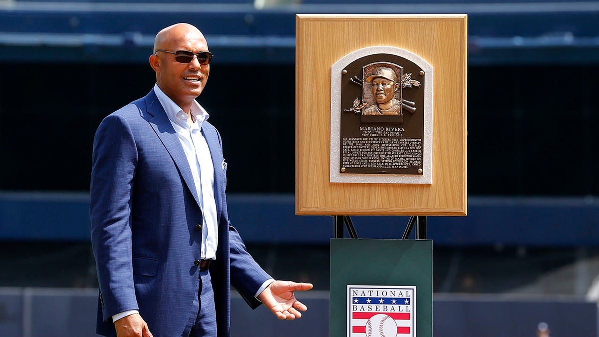 Mariano Rivera bij de viering in het Yankee Stadium