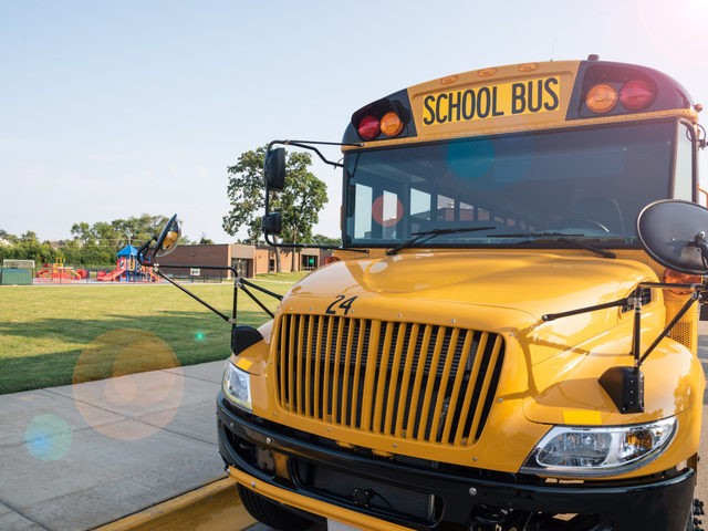 Gele schoolbus geparkeerd voor een schoolplein. (DavidPrahl/Getty Images Stock)