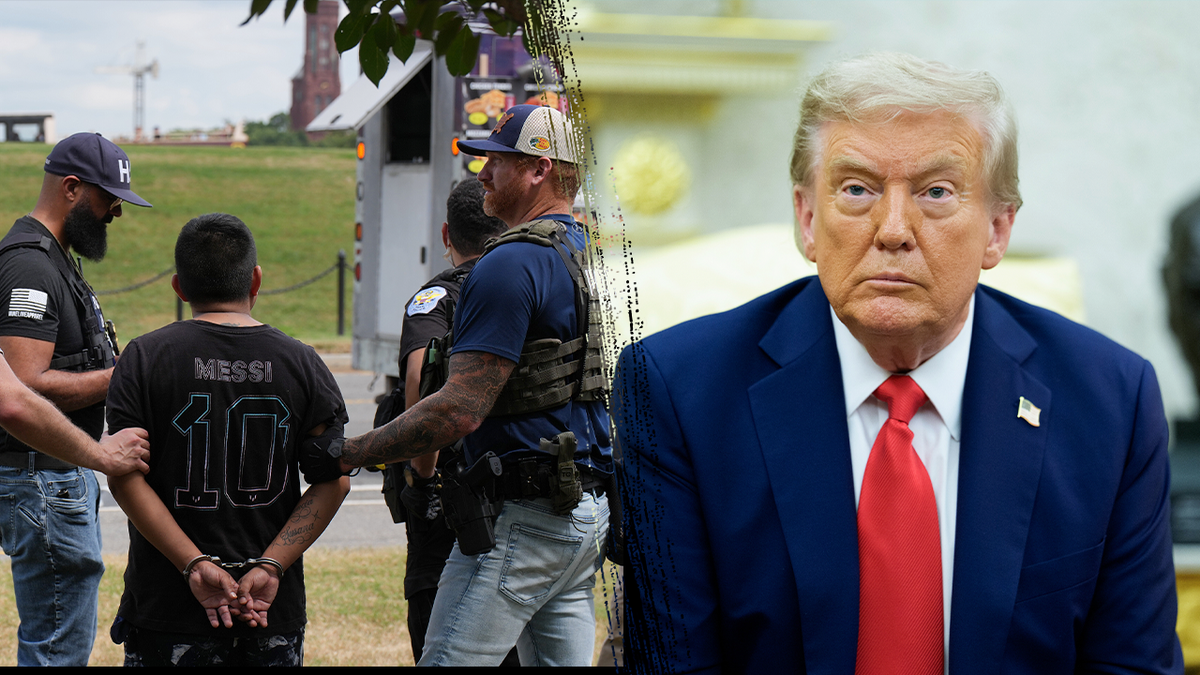 Compilatiefoto met arrestatie in DC, en president Trump